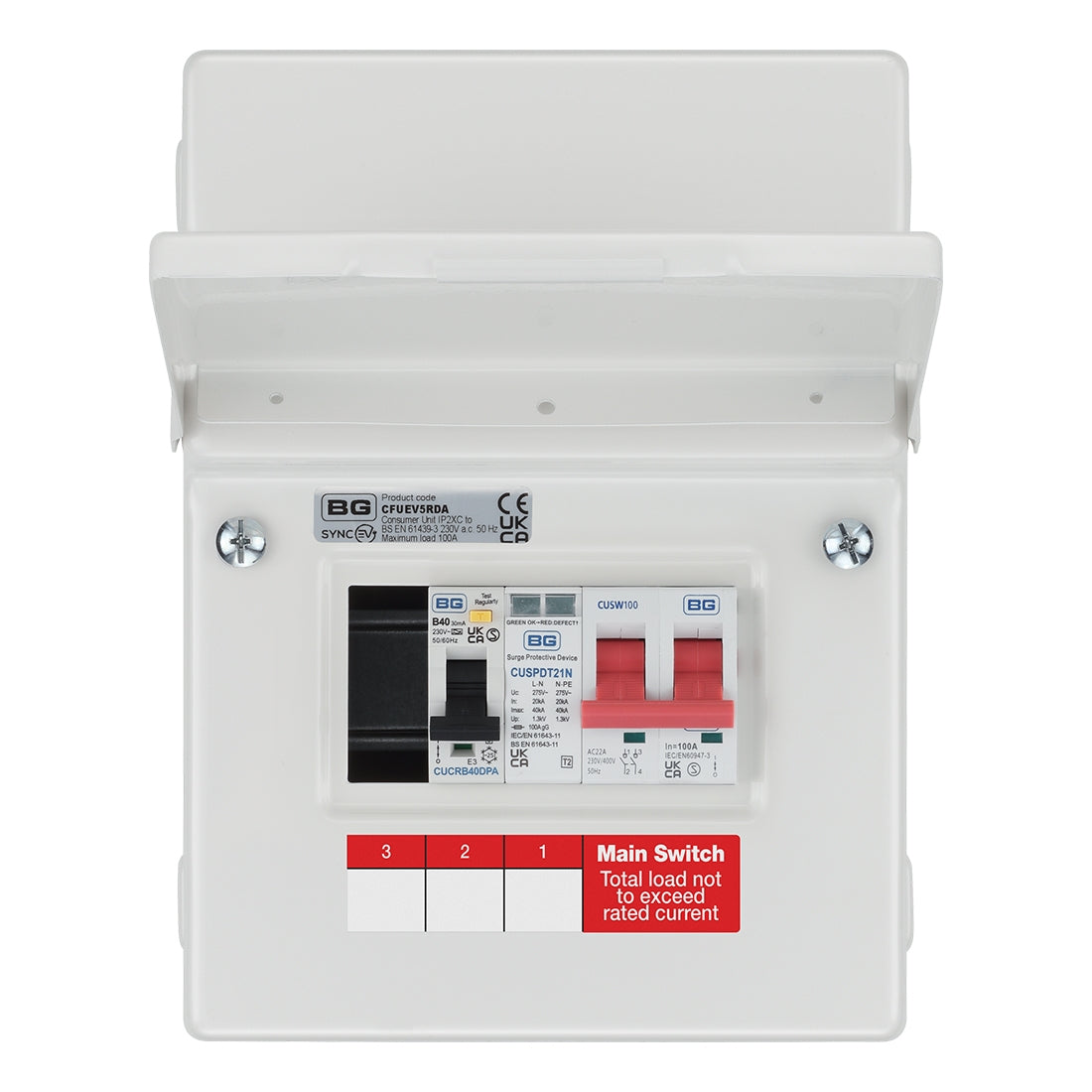 BG SyncEV CFUEV5RDA-01 IP20 EV Consumer Unit With 100A Switch Isolator, 1 x Type 2 SPD & 1 x 40A 30mA DP Type A RCBO White