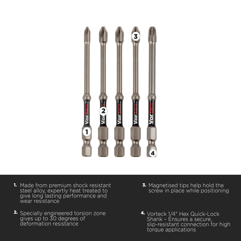 CK T4470 PZML09D5 Vorteck 90mm Impact Screwdriver Bit PZ Mix - Pack of 5