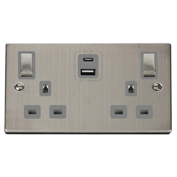 Click VPSS586GY 13A Ingot 2 Gang Switched Safety Shutter Socket Outlet With Type A & C USB (4.2A) Outlets