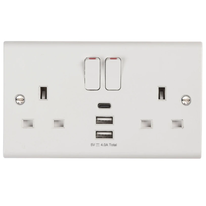 Deta S1288 Slimline 13A 2 Gang Switched Socket with 3 USB Ports Type A & C Outlets White