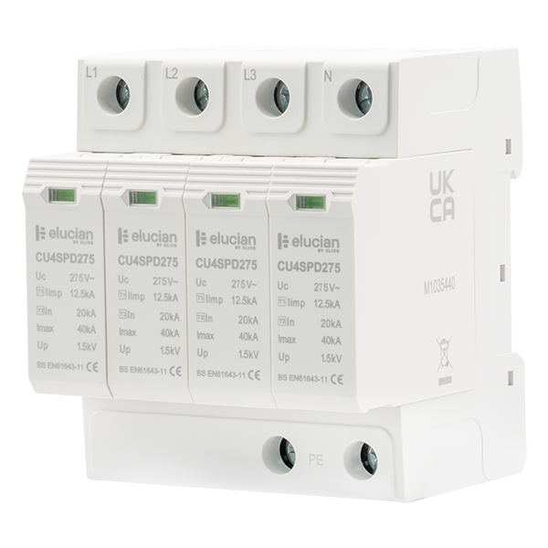Elucian CU4SPD275 3 Pole+N 275Uc 40kA Type 1 & 2 SPD with Earth Plate & Tails