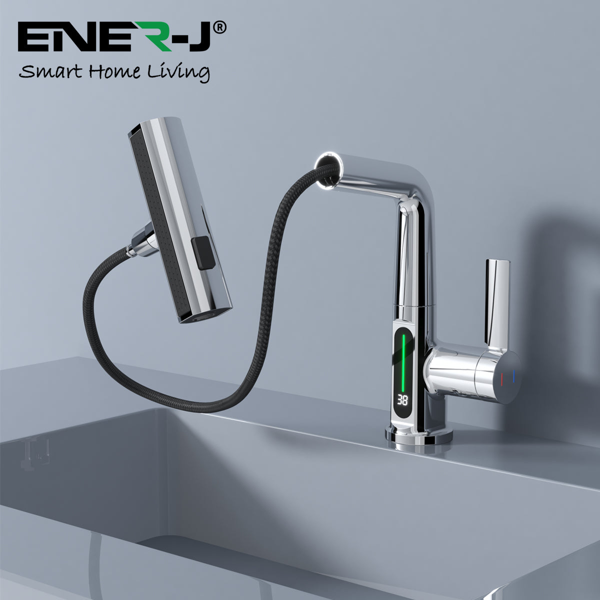 Ener-j BW2001 Modern Single Hole Basin Faucet with Waterfall, Pull Out Sprayer and LED Temperature Display, Chrome Silver