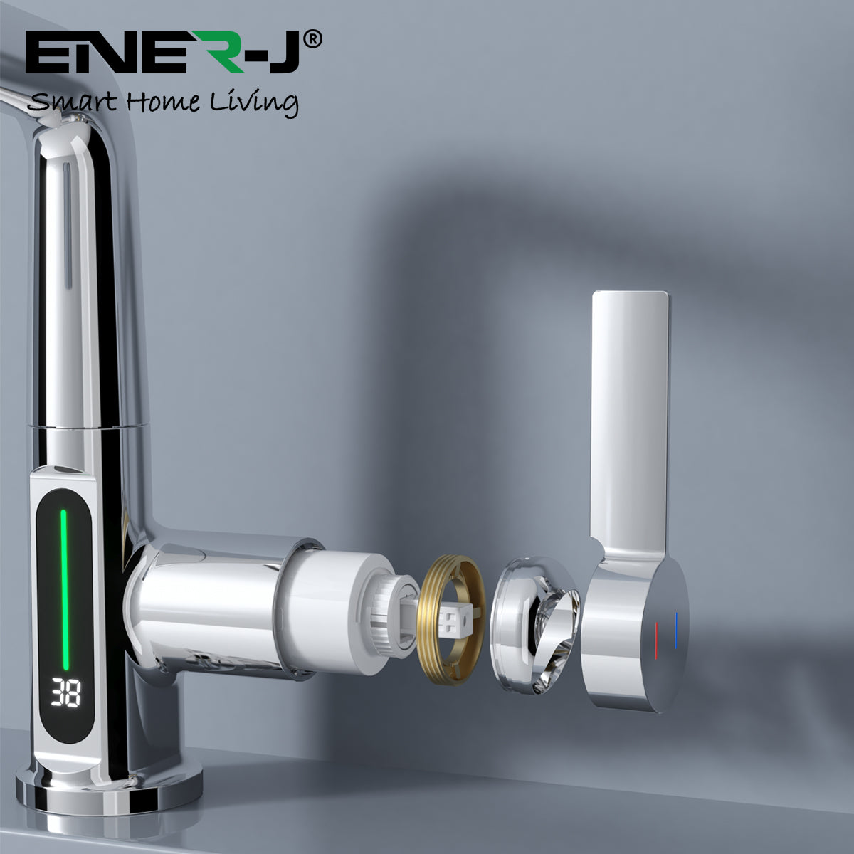 Ener-j BW2001 Modern Single Hole Basin Faucet with Waterfall, Pull Out Sprayer and LED Temperature Display, Chrome Silver