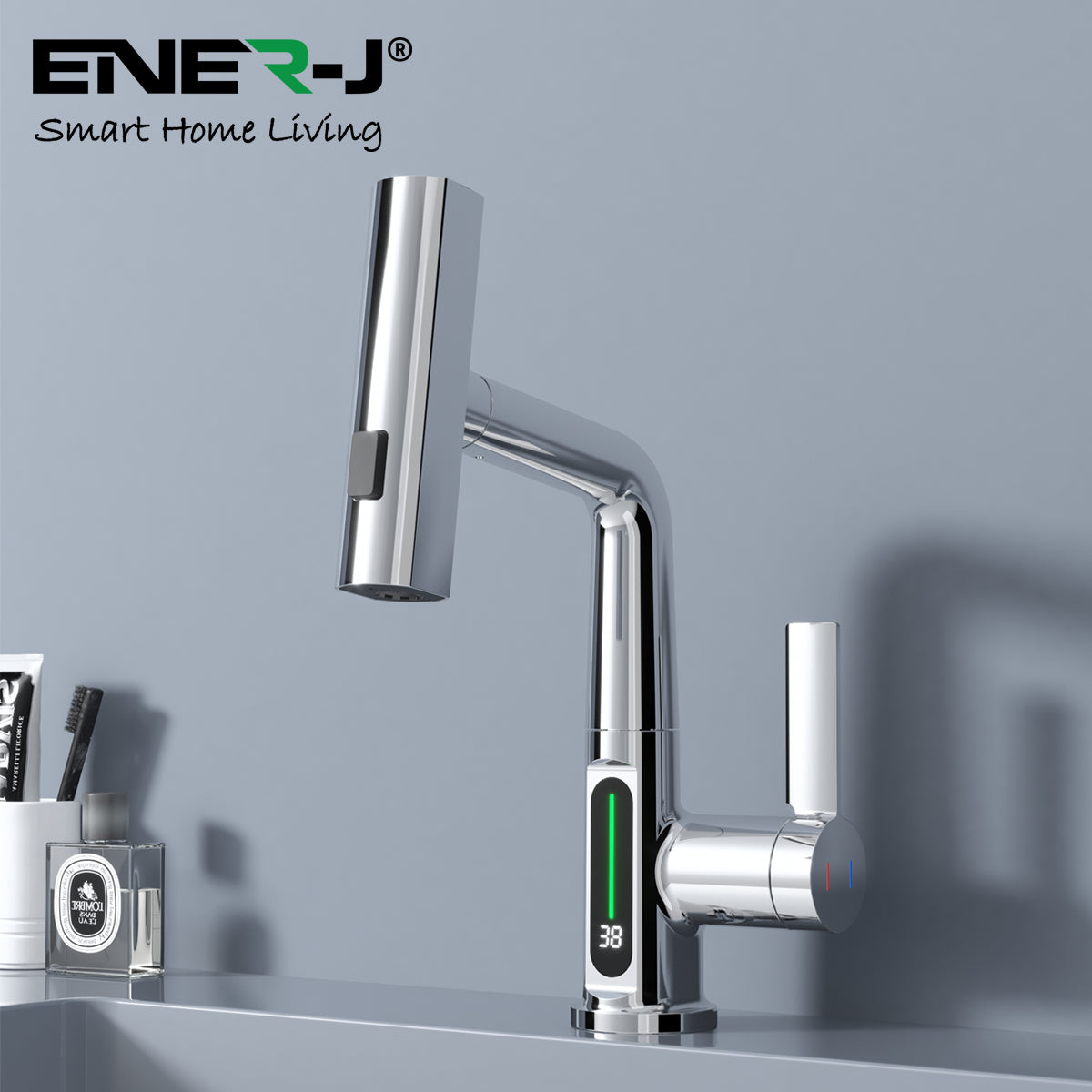 Ener-j BW2001 Modern Single Hole Basin Faucet with Waterfall, Pull Out Sprayer and LED Temperature Display, Chrome Silver