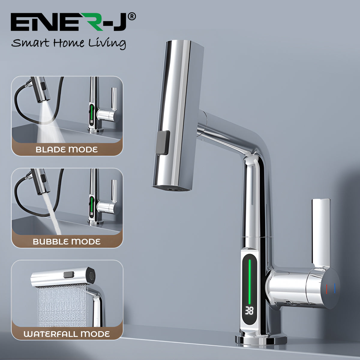 Ener-j BW2001 Modern Single Hole Basin Faucet with Waterfall, Pull Out Sprayer and LED Temperature Display, Chrome Silver