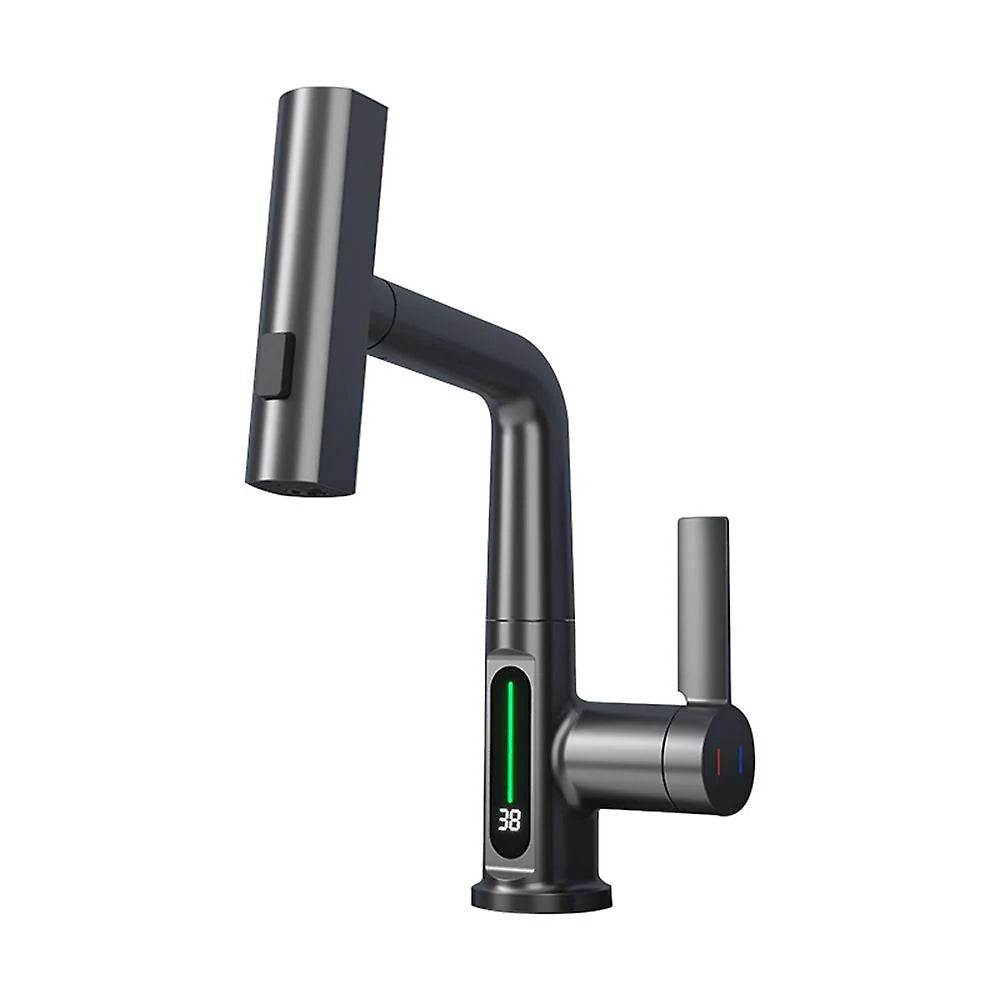 Ener-j BW2002 Modern Single Hole Basin Faucet with Waterfall, Pull Out Sprayer and LED Temperature Display, Black