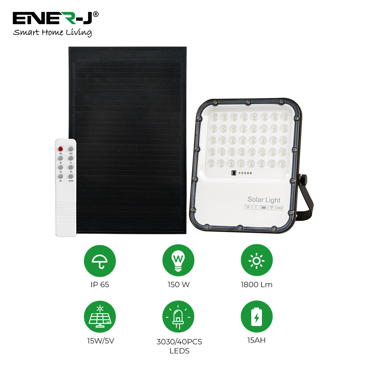 Ener-j E194X 150W LED Floodlights with Solar Panels, 15W Solar Panel, 15AH Battery, 1800 lumens