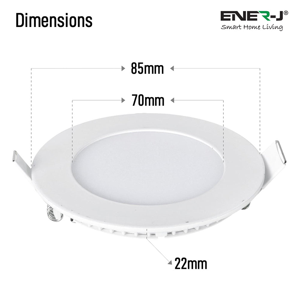Ener-j E303 3W Recessed Round LED Mini Panel 85mm diameter (Hole Size 70mm), 6000K Pack of 2