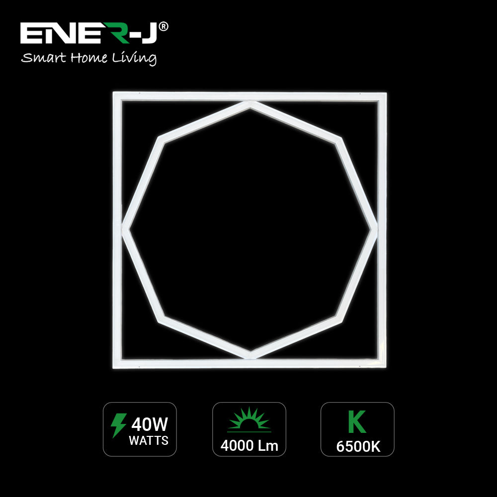 Ener-j E818 600x600mm LED Frame Panel Light with Hexagon Inside, 40W with 4000 Lumens, 6500K Pack of 2