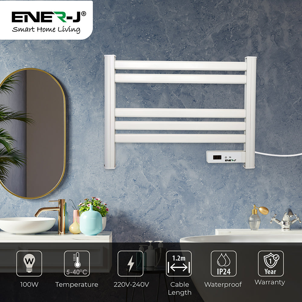 Ener-j IH1045 Infrared Heating Towel Rail LED Screen with BS plug 1.2 m for Bathroom IP24 White