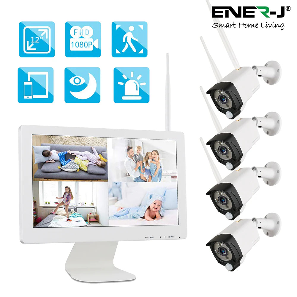 Ener-j IPC1025 Premium Wireless CCTC Kit with 4 x Outdoor Bullet Cameras, 15.6 monitor & 8CH NVR with 1TB HDD pre installed Pack of 4