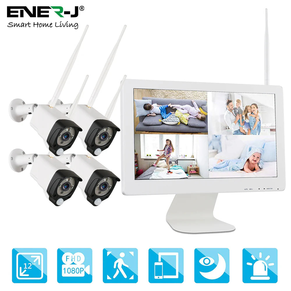 Ener-j IPC1025 Premium Wireless CCTC Kit with 4 x Outdoor Bullet Cameras, 15.6 monitor & 8CH NVR with 1TB HDD pre installed Pack of 4
