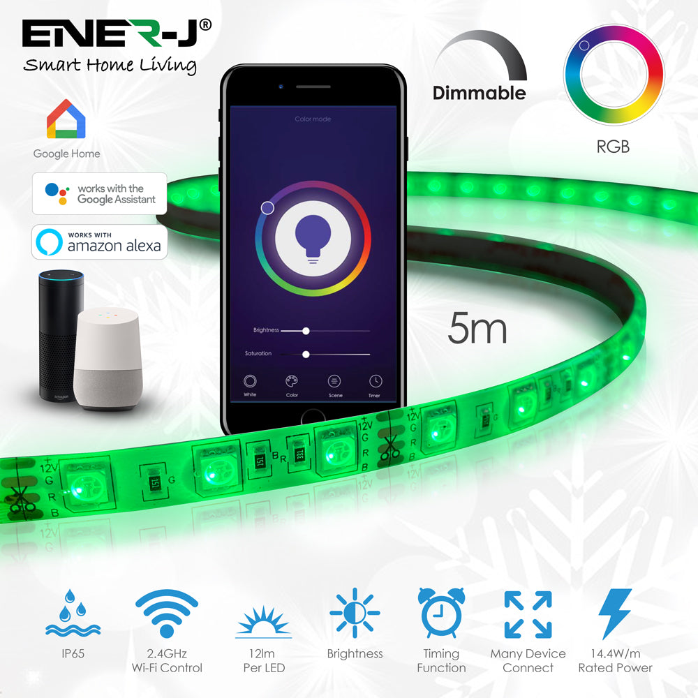 Ener-j SHA5212X Smart WiFi RGB LED Strip Plug and Play Kit 12V, 5 meters, IP65