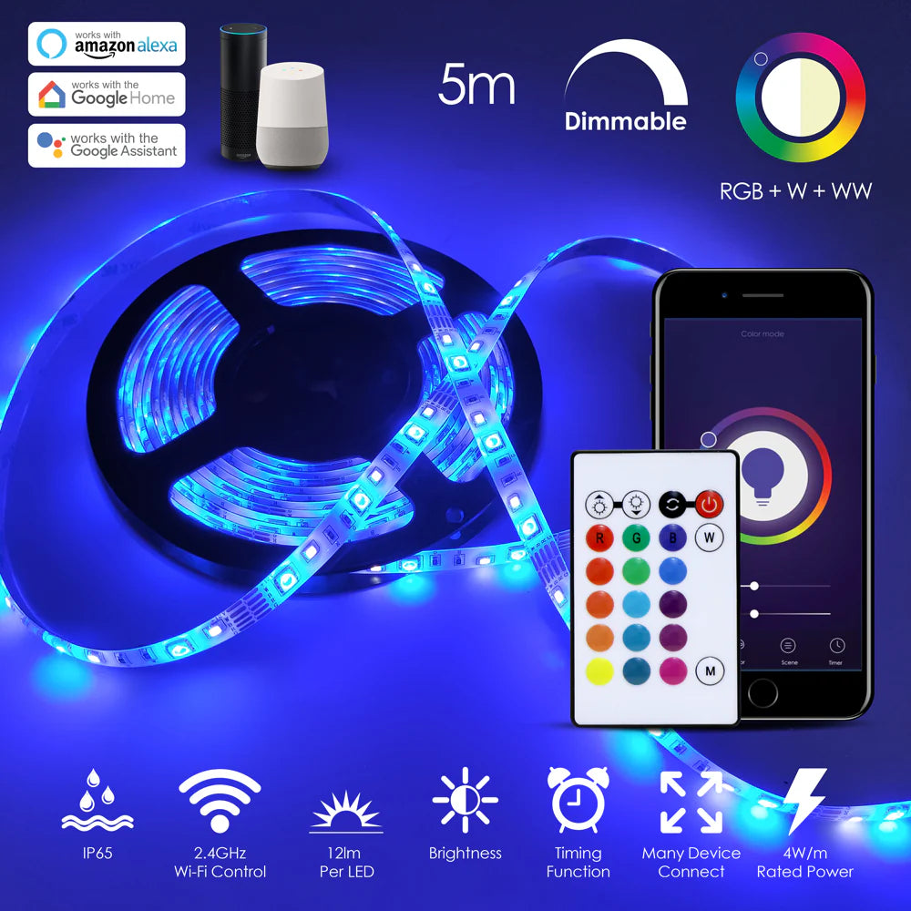 Ener-j SHA5213X Smart WiFi RGB+CCT Changing 5m Plug & Play LED Strip Kit, IP65