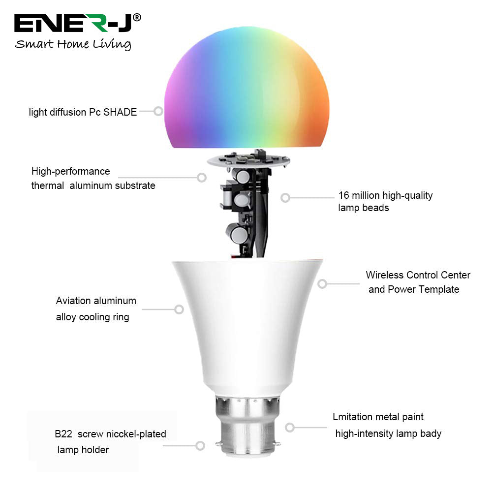 Ener-j SHA5262-3 Smart WiFi GLS LED Lamp B22, 9W, RGB+W+WW, Dimmable Pack of 3