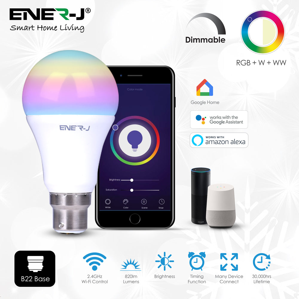 Ener-j SHA5262-3 Smart WiFi GLS LED Lamp B22, 9W, RGB+W+WW, Dimmable Pack of 3
