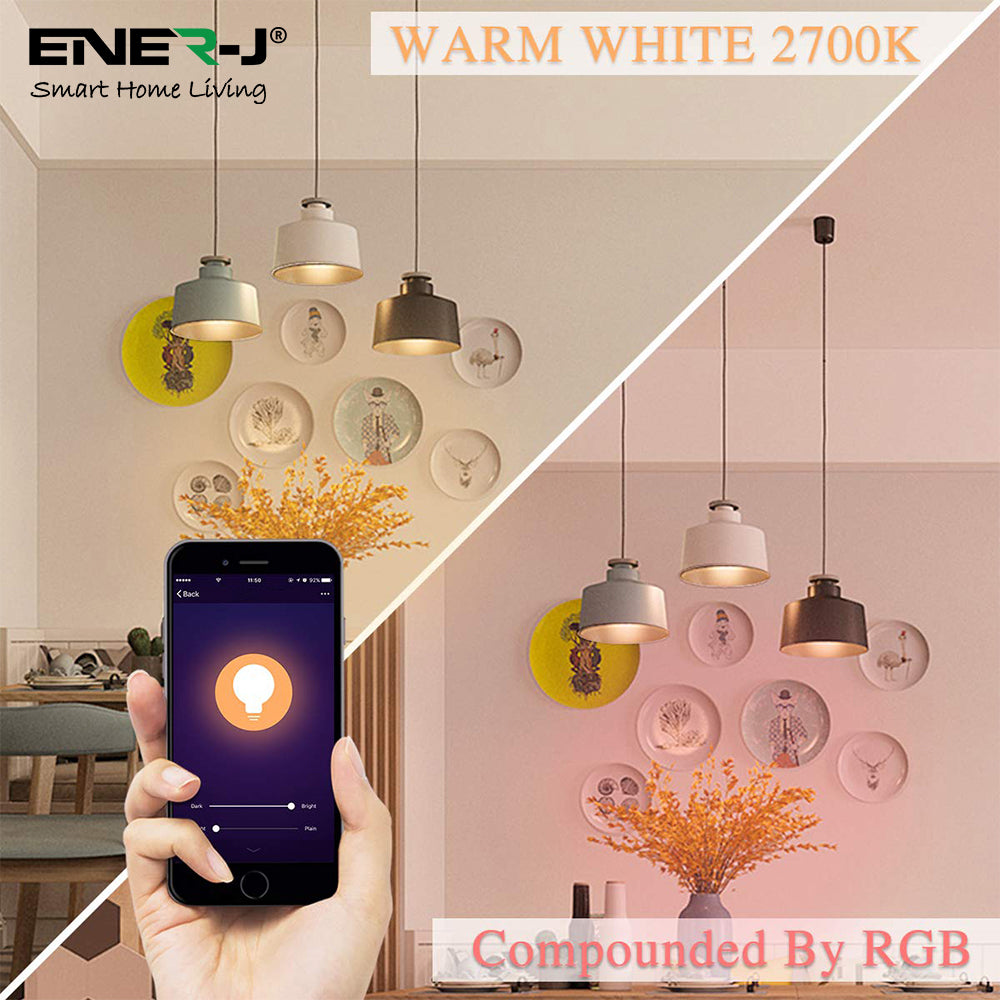 Ener-j SHA5262-3 Smart WiFi GLS LED Lamp B22, 9W, RGB+W+WW, Dimmable Pack of 3