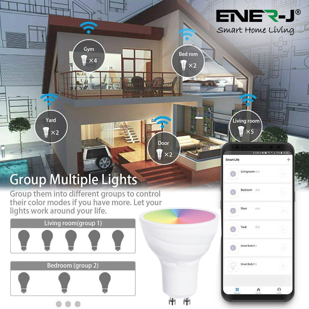 Ener-j SHA5286-3 Smart WiFi GU10 LED Lamp 5W, RGB+W+WW, Dimmable Pack of 3