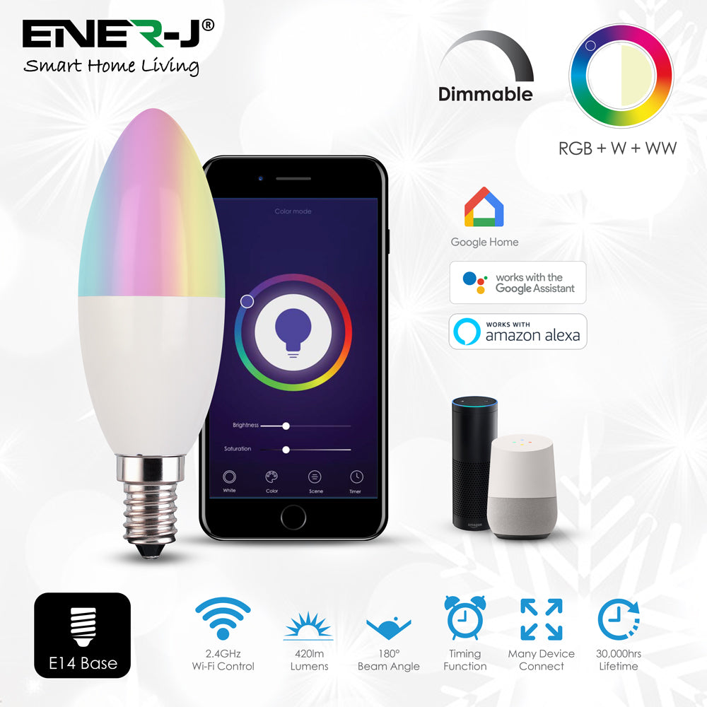Ener-j SHA5287-3 Smart WiFi E14 LED Candle Bulb 4.5W, RGB+W+WW, Dimmable Pack of 3