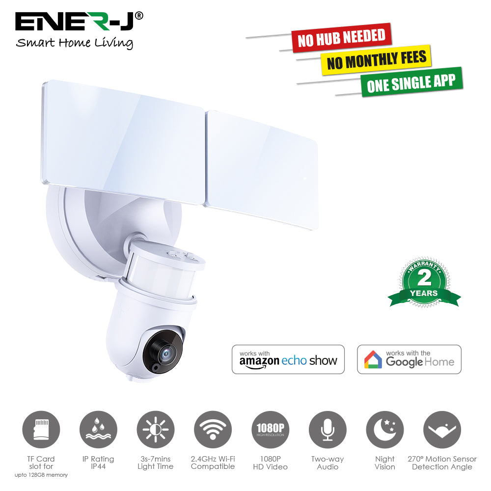 Ener-j SHA5293 Wifi Outdoor Security Kit with IP Camera and twin LED Floodlight, 2 way audio, White