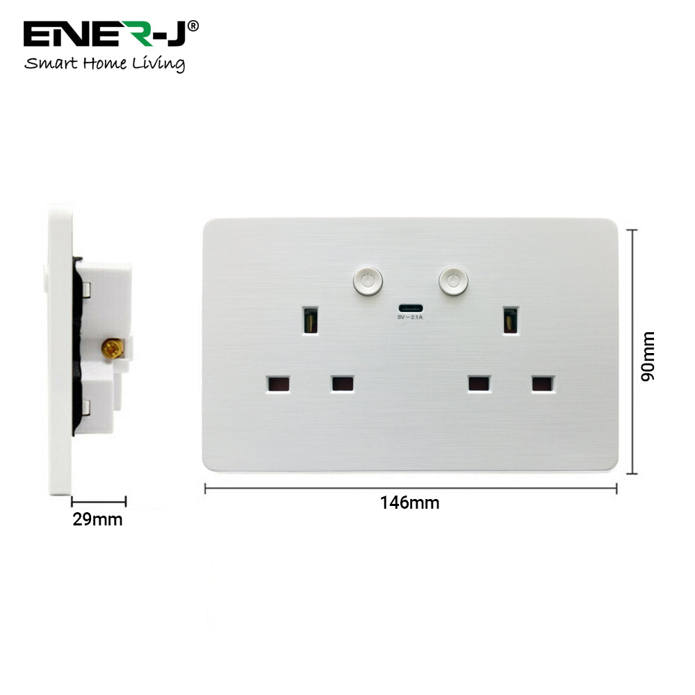 Ener-j SHA5302 Smart WiFi 13A WiFi Twin Wall Sockets with 1 Type-C (White)