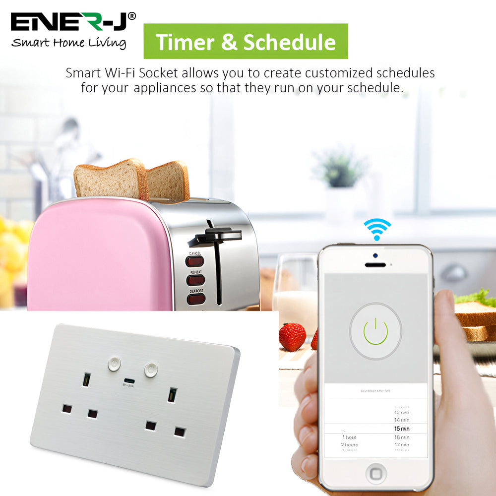 Ener-j SHA5302 Smart WiFi 13A WiFi Twin Wall Sockets with 1 Type-C (White)