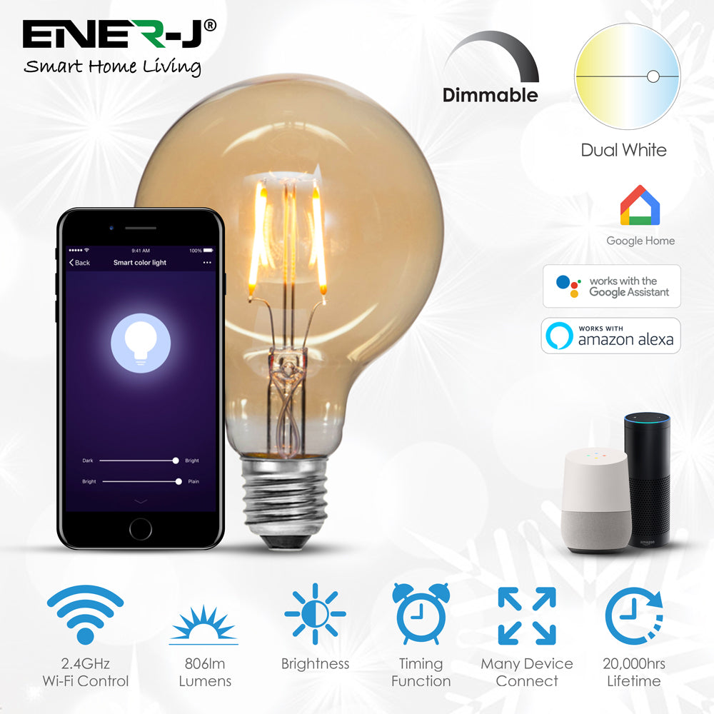 Ener-j SHA5309-3 Smart WiFi CCT Changing & Dimmable Amber Glass G95 LED Globe Lamp E27 8.5W Pack of 3