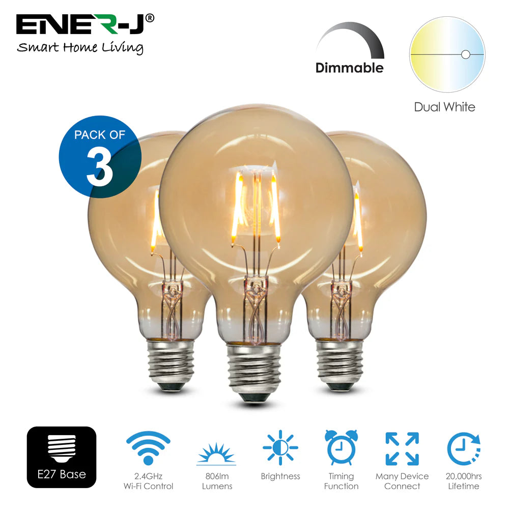 Ener-j SHA5309-3 Smart WiFi CCT Changing & Dimmable Amber Glass G95 LED Globe Lamp E27 8.5W Pack of 3