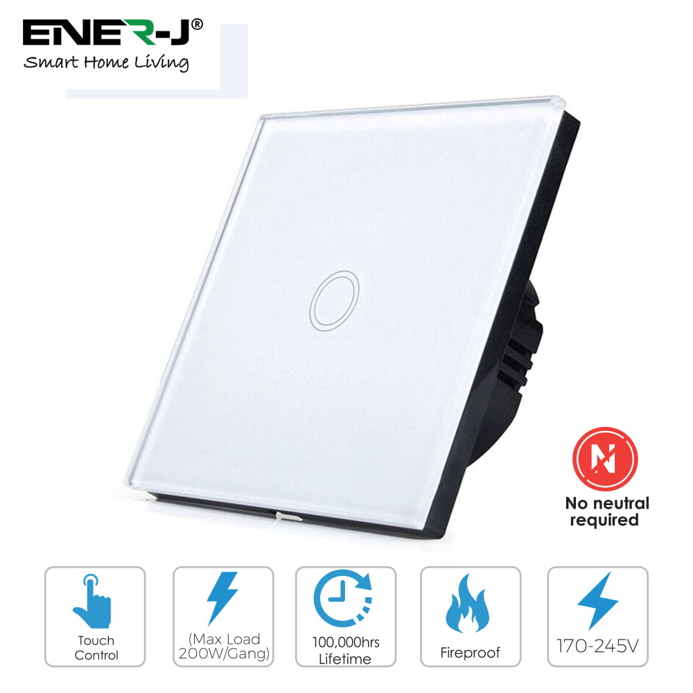 Ener-j SHA5312 Wifi Smart 1 Gang Touch Switch, No Neutral Needed, White Body