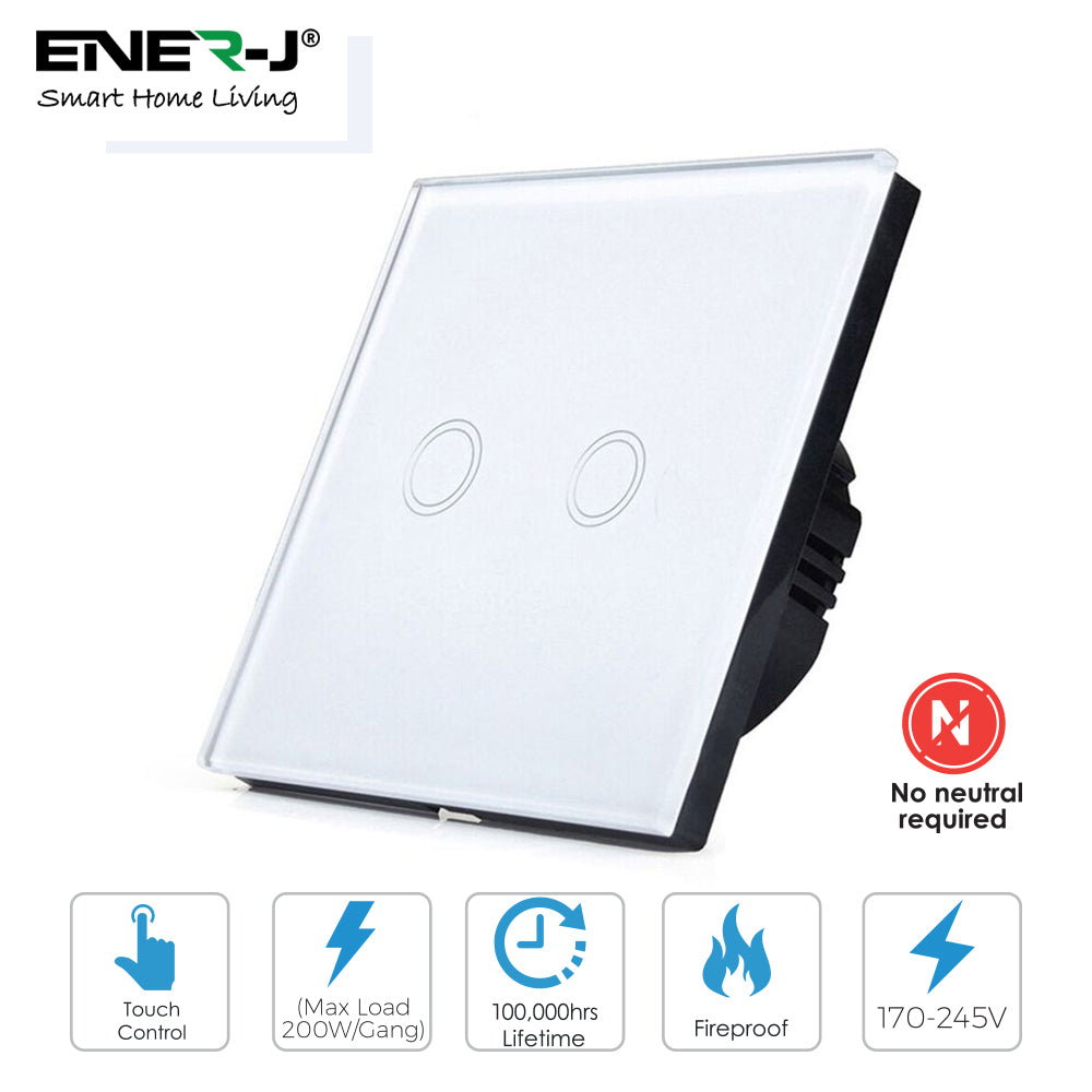 Ener-j SHA5313 Wifi Smart 2 Gang Touch Switch, No Neutral Needed, White Body