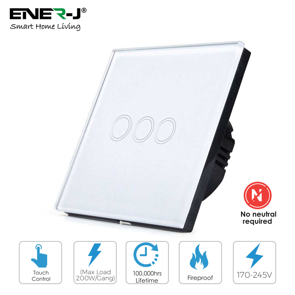 Ener-j SHA5314 Wifi Smart 3 Gang Touch Switch, No Neutral Needed, White Body