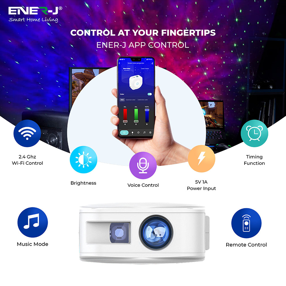 Ener-j SHA5327 WiFi + BLE Smart Star Projector with music sync function, Works with App & Alexa/Google