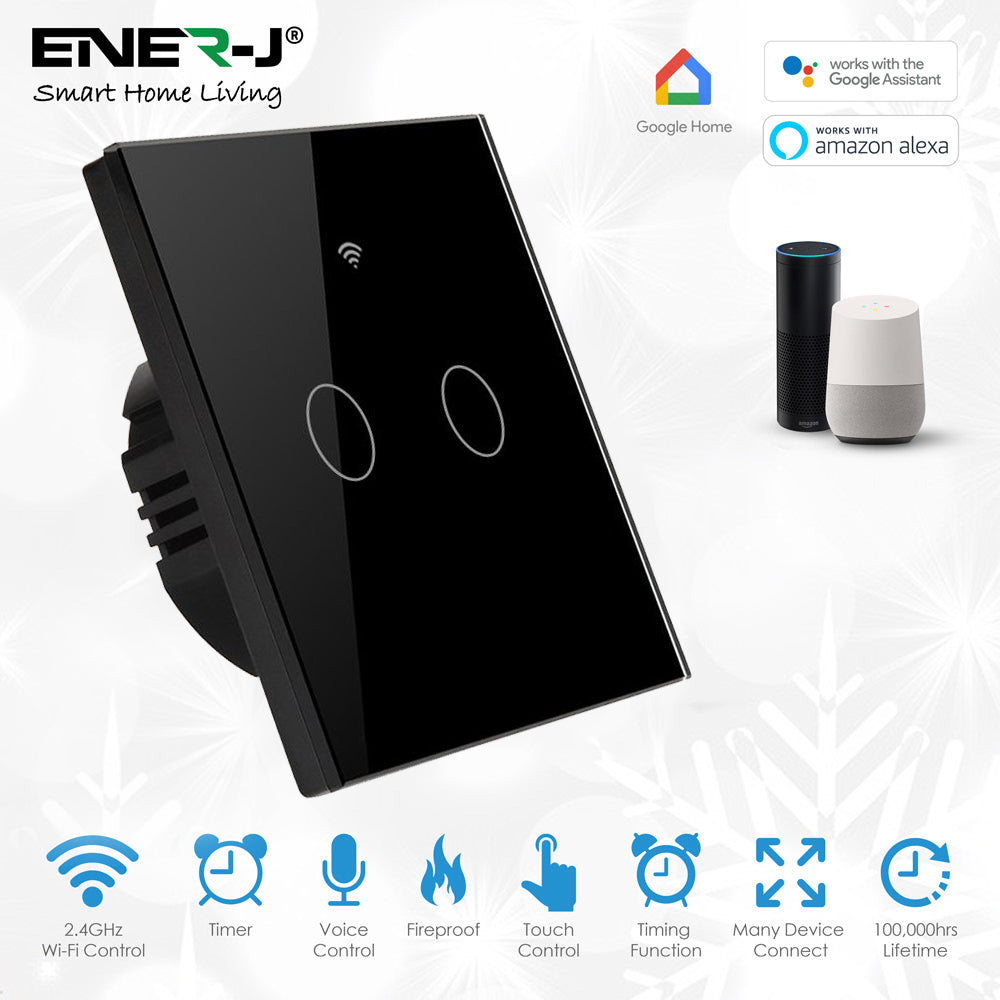 Ener-j SHA5337 Wifi Smart 2 Gang Touch Switch, No Neutral Needed, Black Body