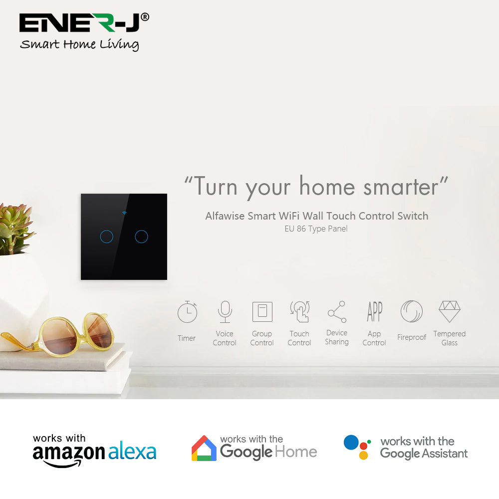 Ener-j SHA5337 Wifi Smart 2 Gang Touch Switch, No Neutral Needed, Black Body