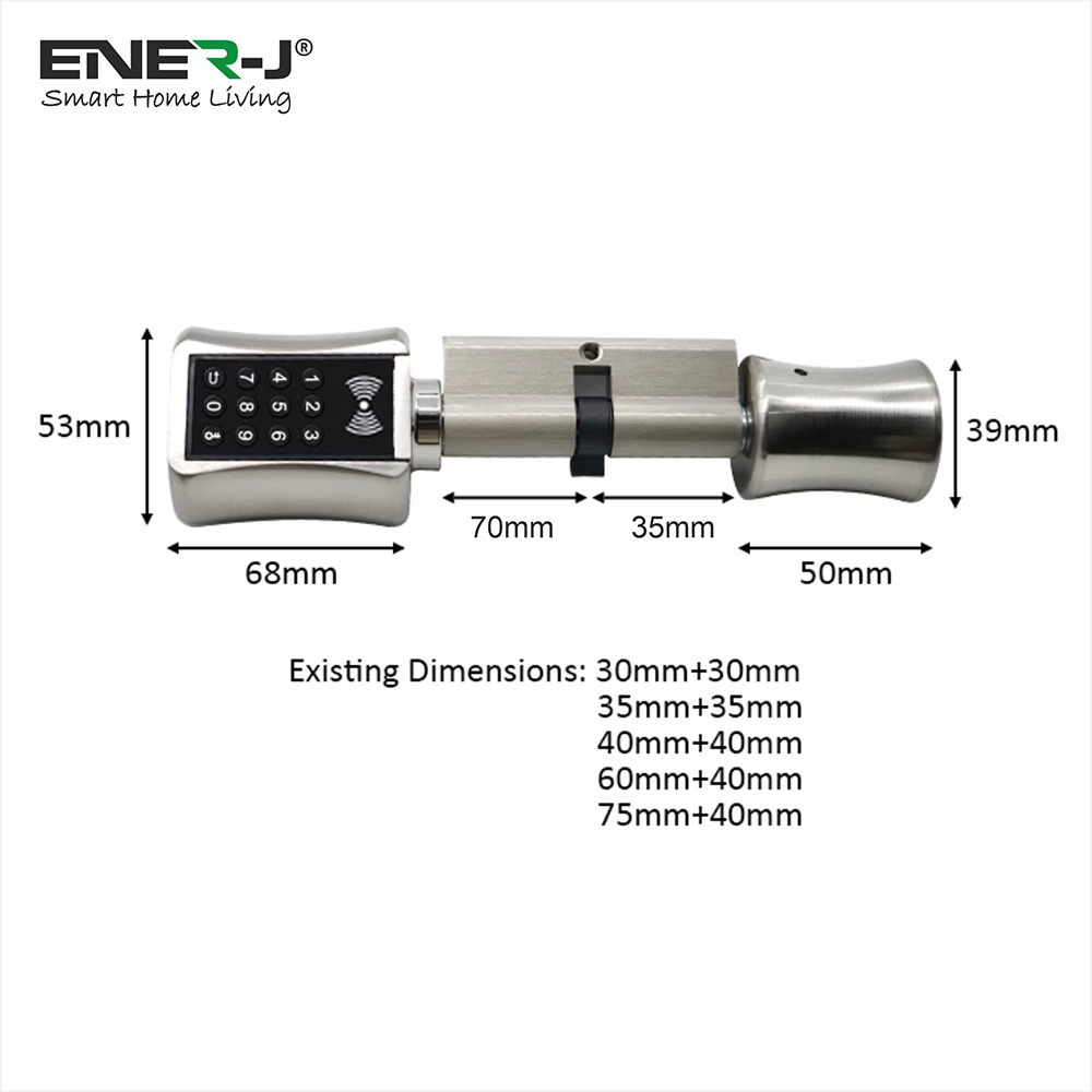 Ener-j SHA5349 Smart Adjustable Cylinder Bluetooth Doorlock with fingerprint and digital keypad unlocking