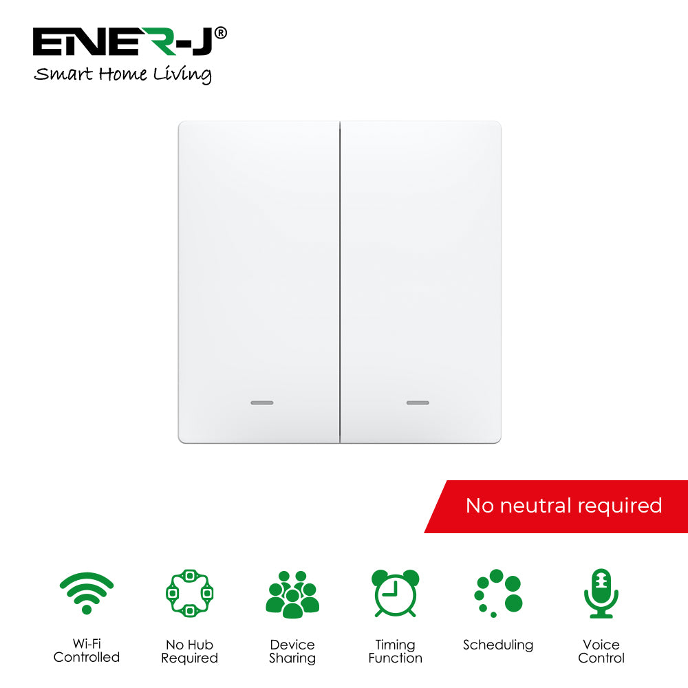 Ener-j SHA5352 2 Gang Smart Push Button Mechanical Light Switch, No Neutral Needed, APP & Voice Control
