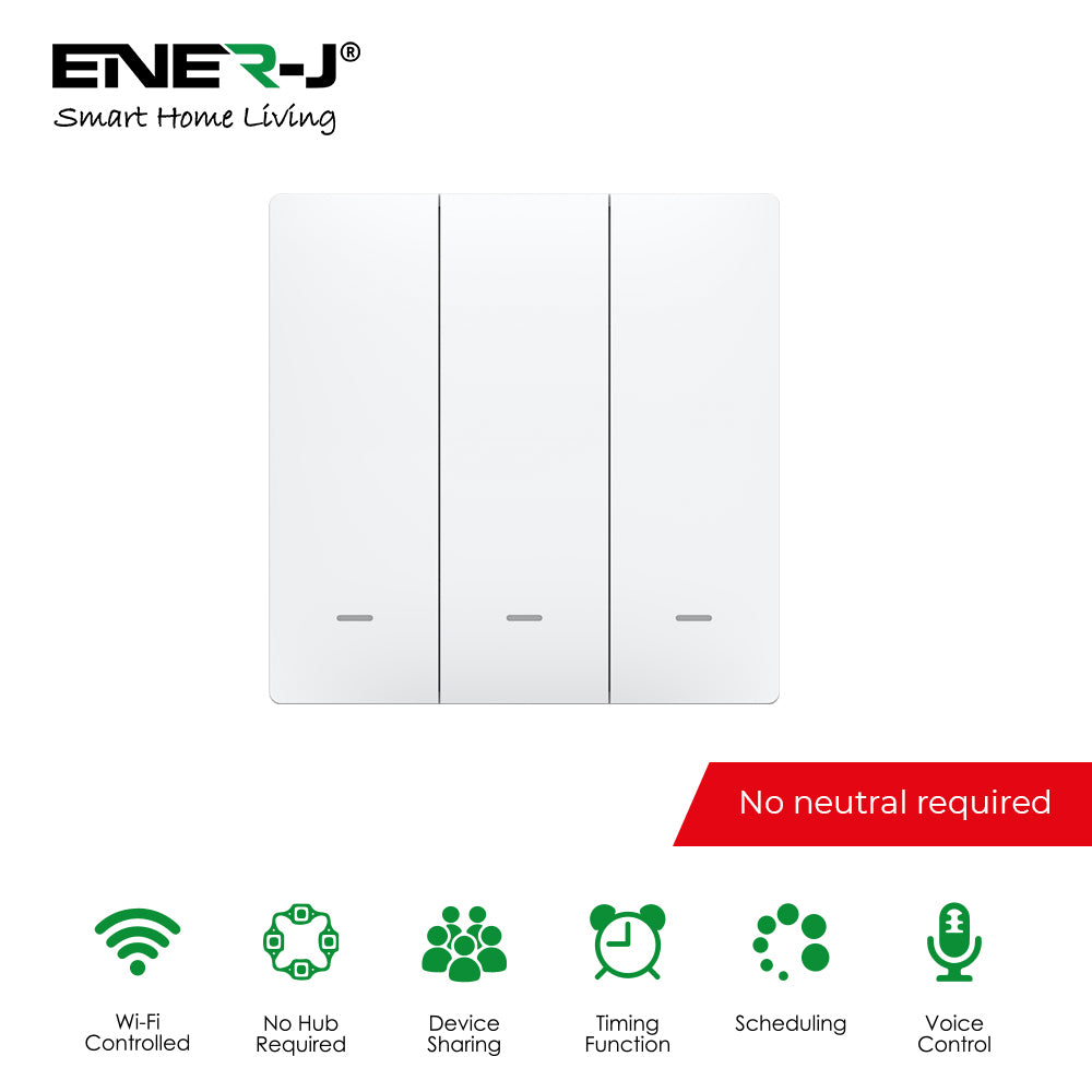 Ener-j SHA5353 3 Gang Smart Push Button Mechanical Light Switch, No Neutral Needed, APP & Voice Control