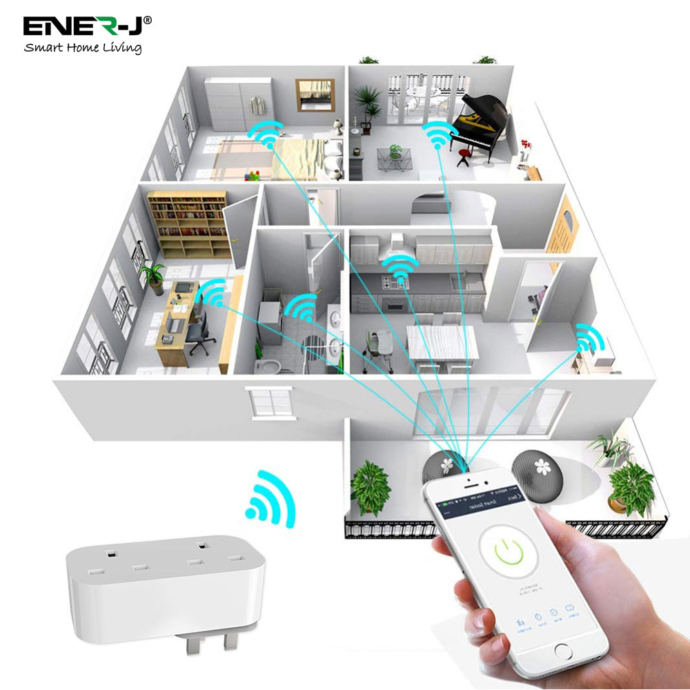 Ener-j SHA5354 13A WiFi Dual Smart Plug, UK BS Plug, With Energy Monitor