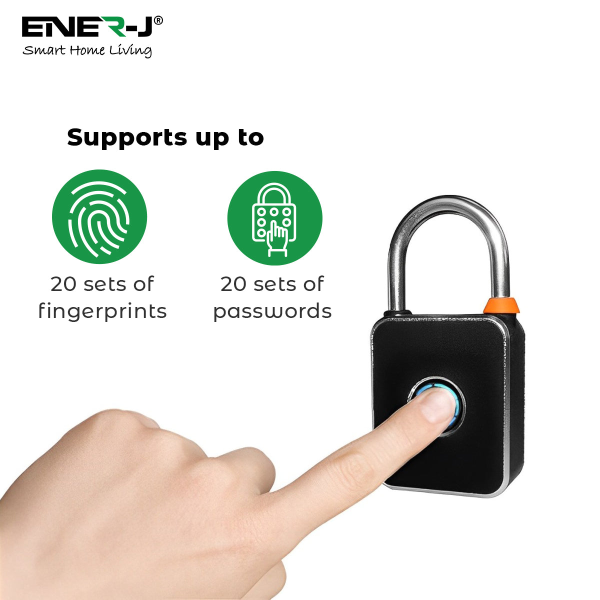 Ener-j SHA5362 Smart Padlock, Works with fingerprint, Passcodes, APP control (Bluetooth), IP65