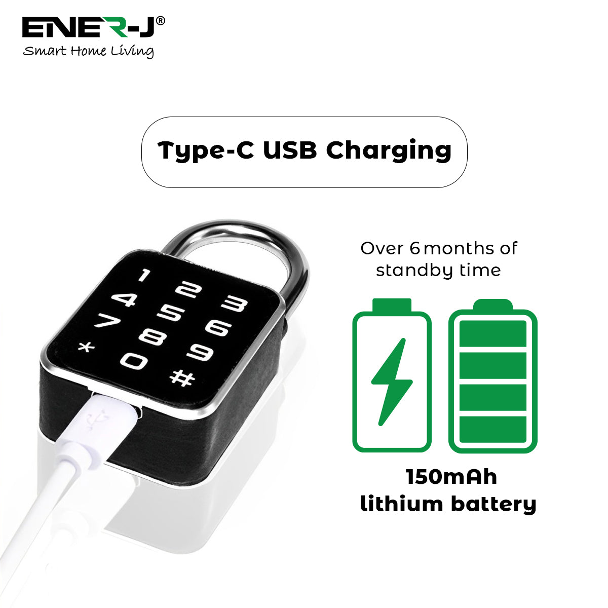 Ener-j SHA5362 Smart Padlock, Works with fingerprint, Passcodes, APP control (Bluetooth), IP65