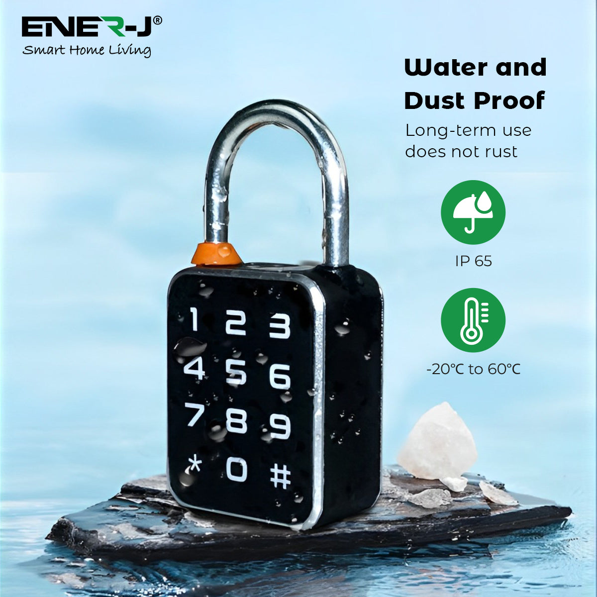 Ener-j SHA5362 Smart Padlock, Works with fingerprint, Passcodes, APP control (Bluetooth), IP65