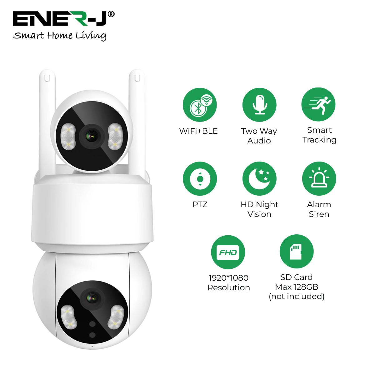 Ener-j SHA5363 Smart Wi-Fi Dual Lens Outdoor Dome IP Camera White Housing, IP65