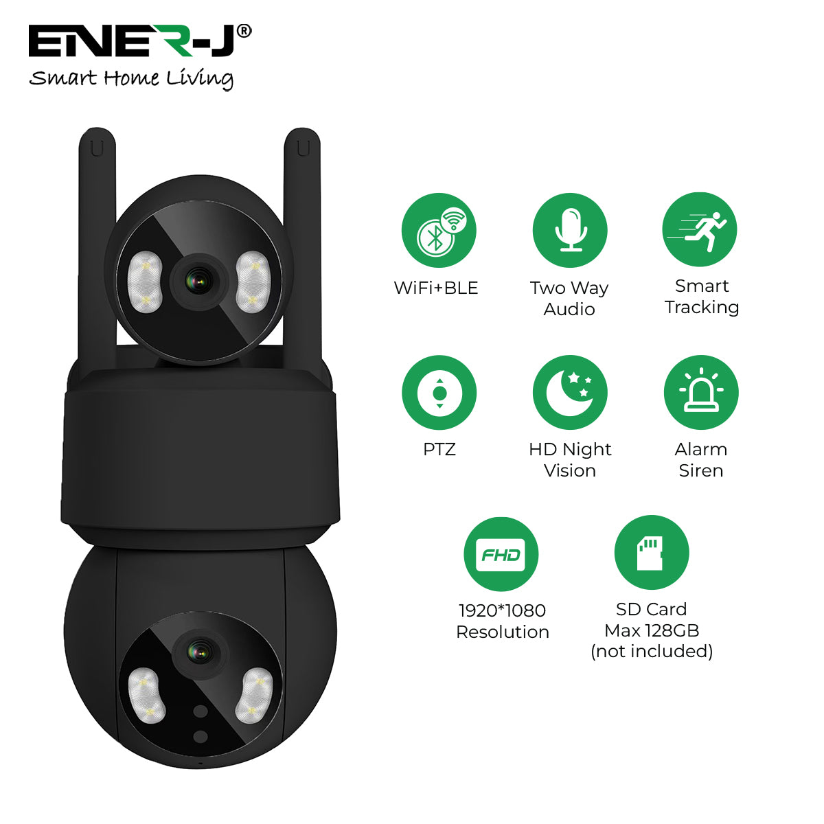 Ener-j SHA5364 Smart Wi-Fi Dual Lens Outdoor Dome IP Camera Black Housing, IP65