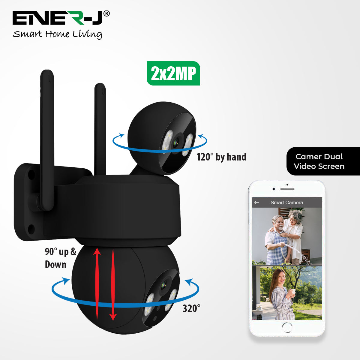 Ener-j SHA5364 Smart Wi-Fi Dual Lens Outdoor Dome IP Camera Black Housing, IP65