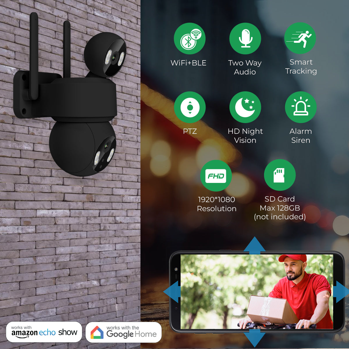 Ener-j SHA5364 Smart Wi-Fi Dual Lens Outdoor Dome IP Camera Black Housing, IP65