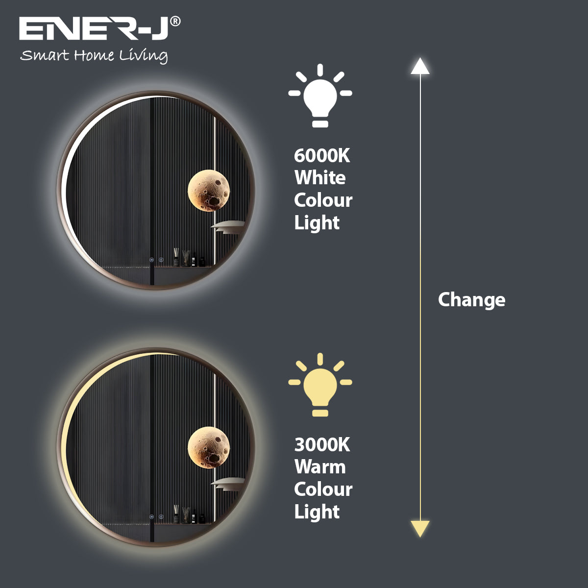Ener-j SHA5401 Round LED Mirror with CCT, Moon Design
