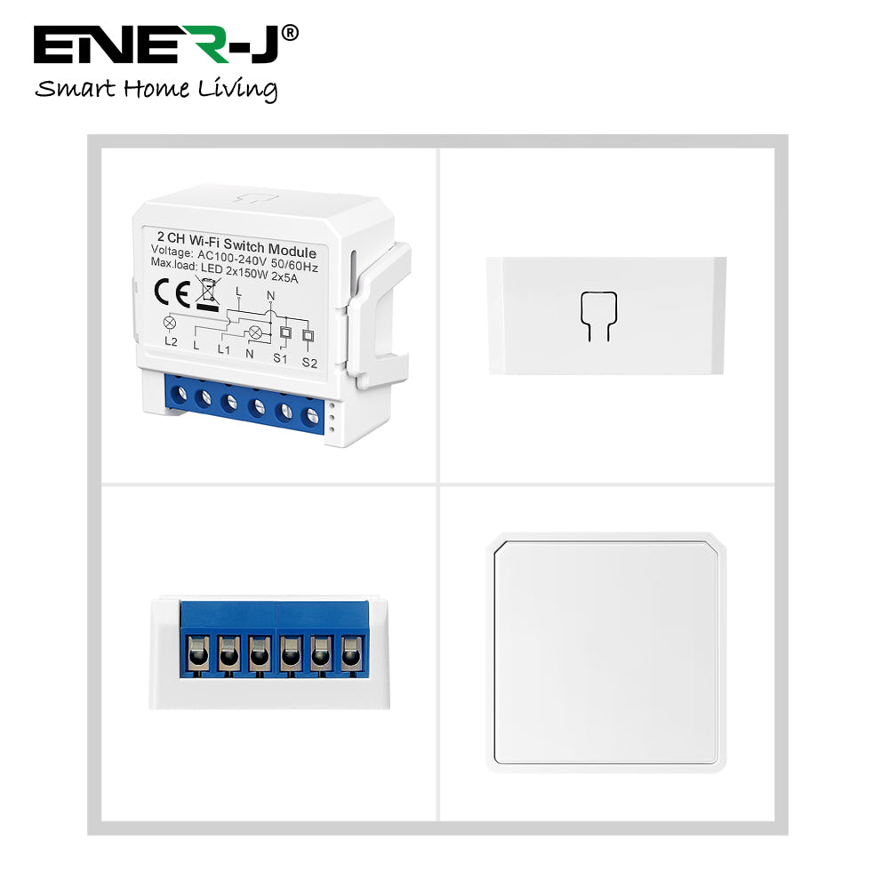 Ener-j SHA8005 Smart WiFi+BLE 2CH Light Switch Module (Max 2 x 150W). On/Off Switch