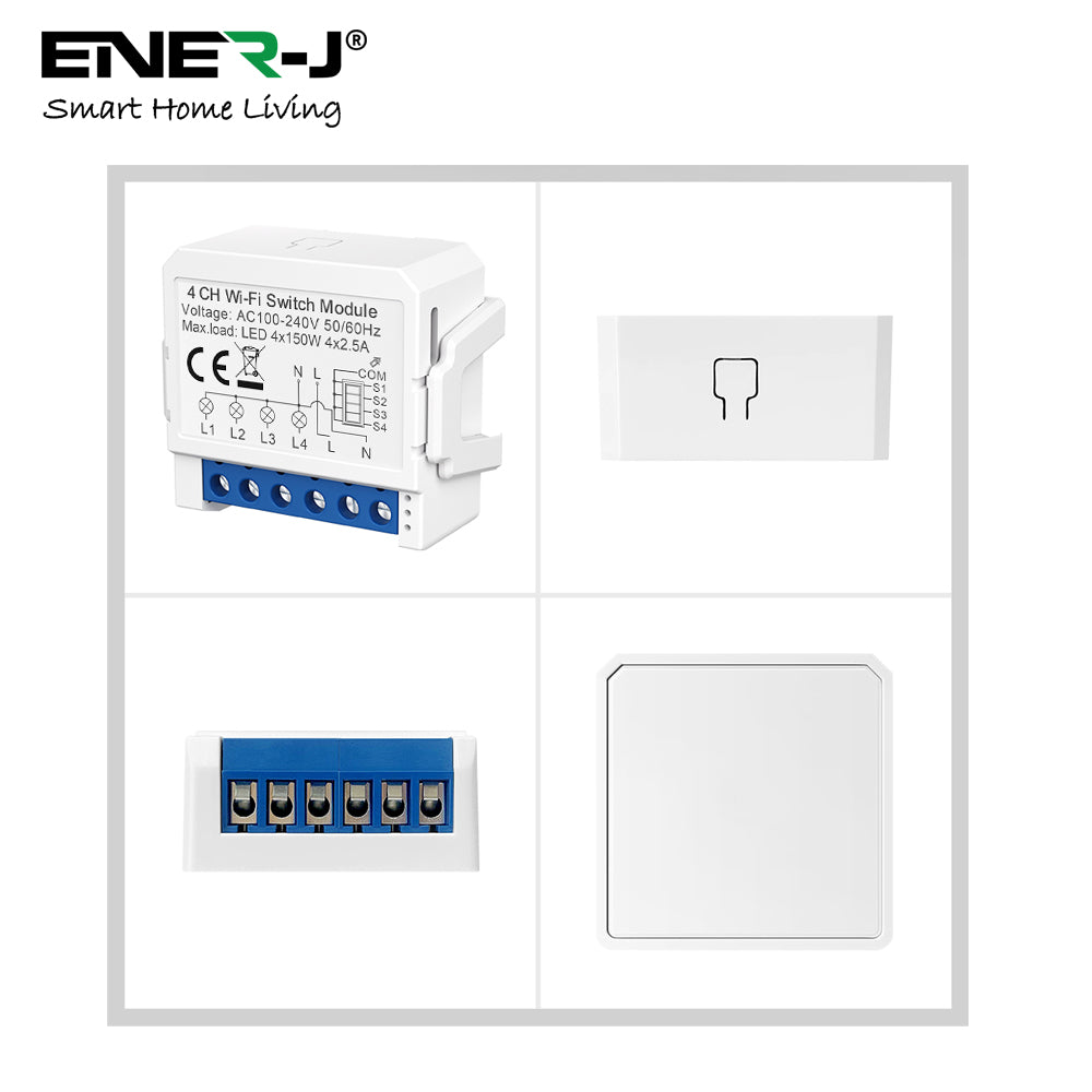 Ener-j SHA8007 Smart WiFi+BLE 4CH Light Switch Module (Max 4 x 150W). On/Off Switch