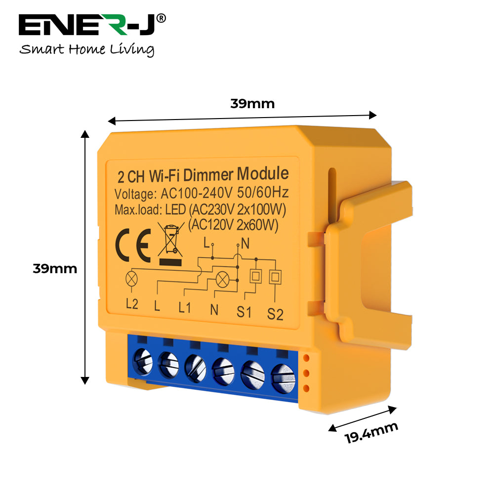 Ener-j SHA8009 Smart WiFi+BLE 2CH Light Switch Module (Max 2 x 150W). Dimmable