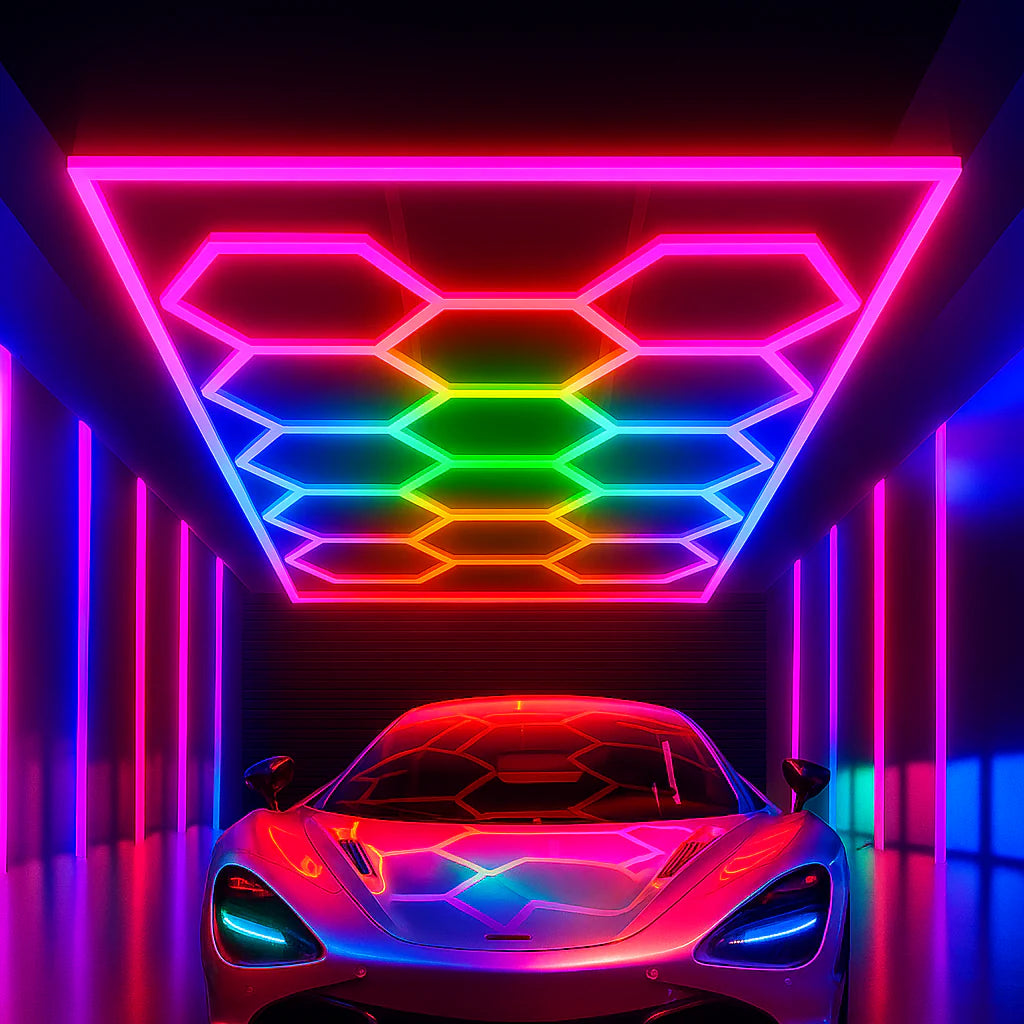 Ener-j T304RGB 600W Car Showroom Lights with 14 Hexagon design with frame, RGBIC with Remote